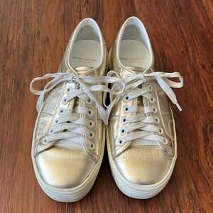 Saint Laurent Gold Leather Edgy Feminine Old Money Platform Sneakers Size 39.5